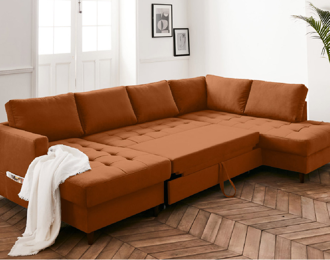 Canapé panoramique d'angle droit 7 places convertible avec coffre en velours Anna