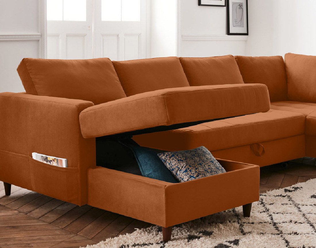 Canapé panoramique d'angle droit 7 places convertible avec coffre en velours Anna