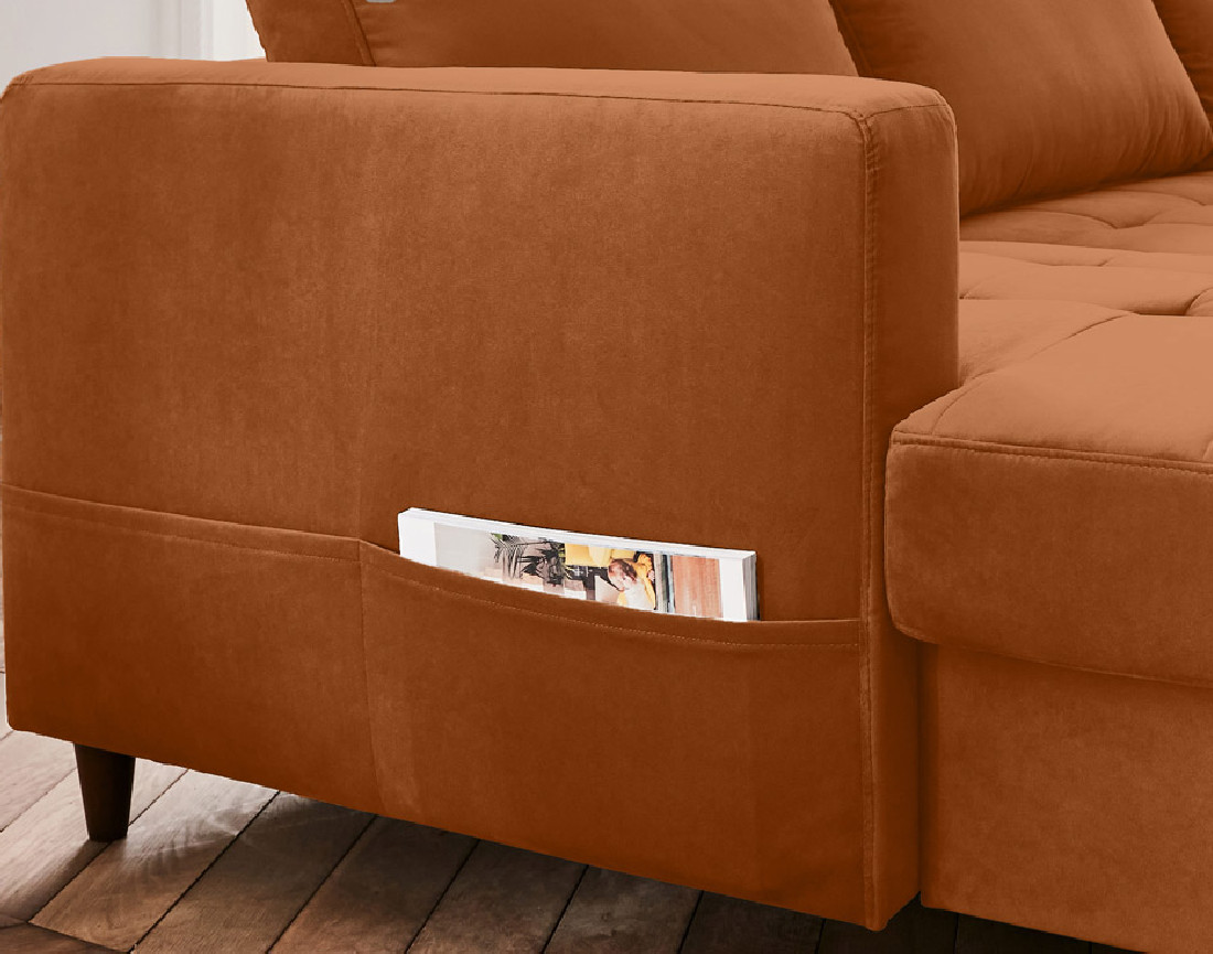 Canapé panoramique d'angle droit 7 places convertible avec coffre en velours Anna