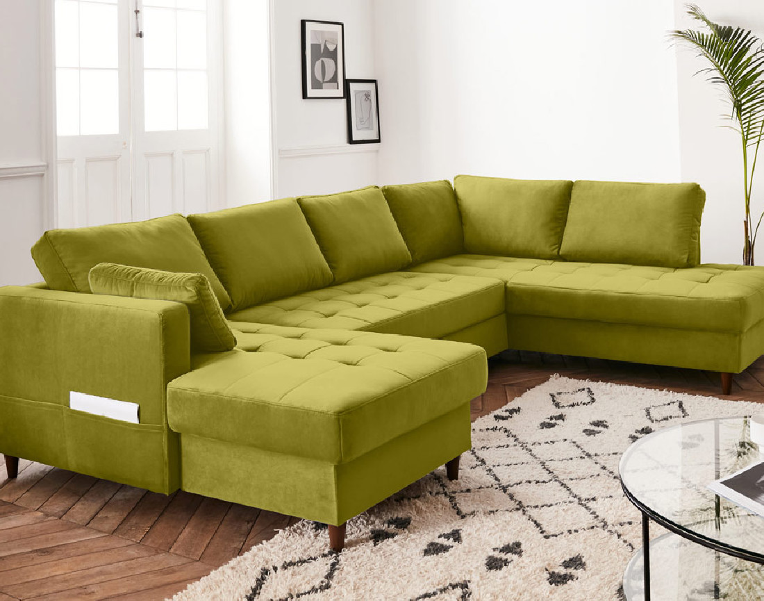 Canapé panoramique d'angle droit 7 places convertible avec coffre en velours Anna