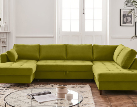 Canapé panoramique d'angle droit 7 places convertible avec coffre en velours Anna