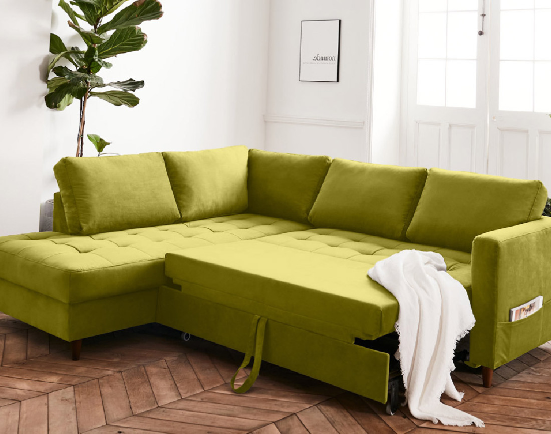 Canapé d'angle gauche 5 places convertible en velours Anna