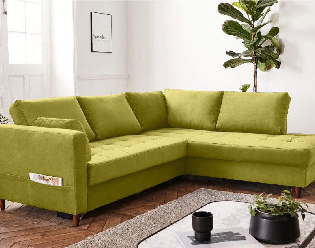 Canapé d'angle droit 5 places convertible en velours Anna