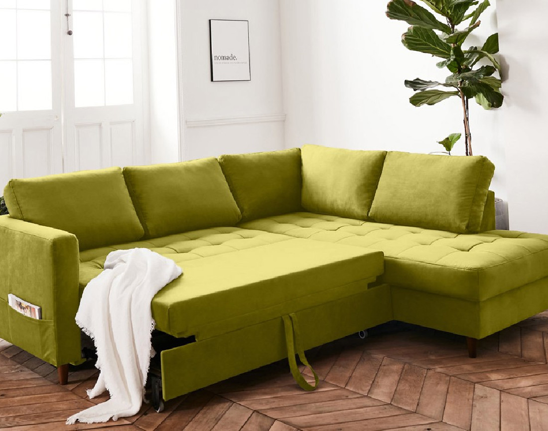 Canapé d'angle droit 5 places convertible en velours Anna