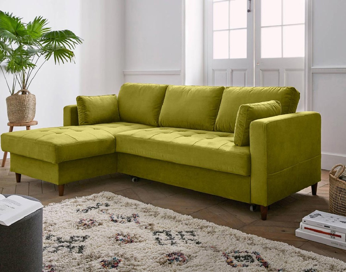 Canapé d'angle gauche 4 places convertible avec coffre en velours Anna