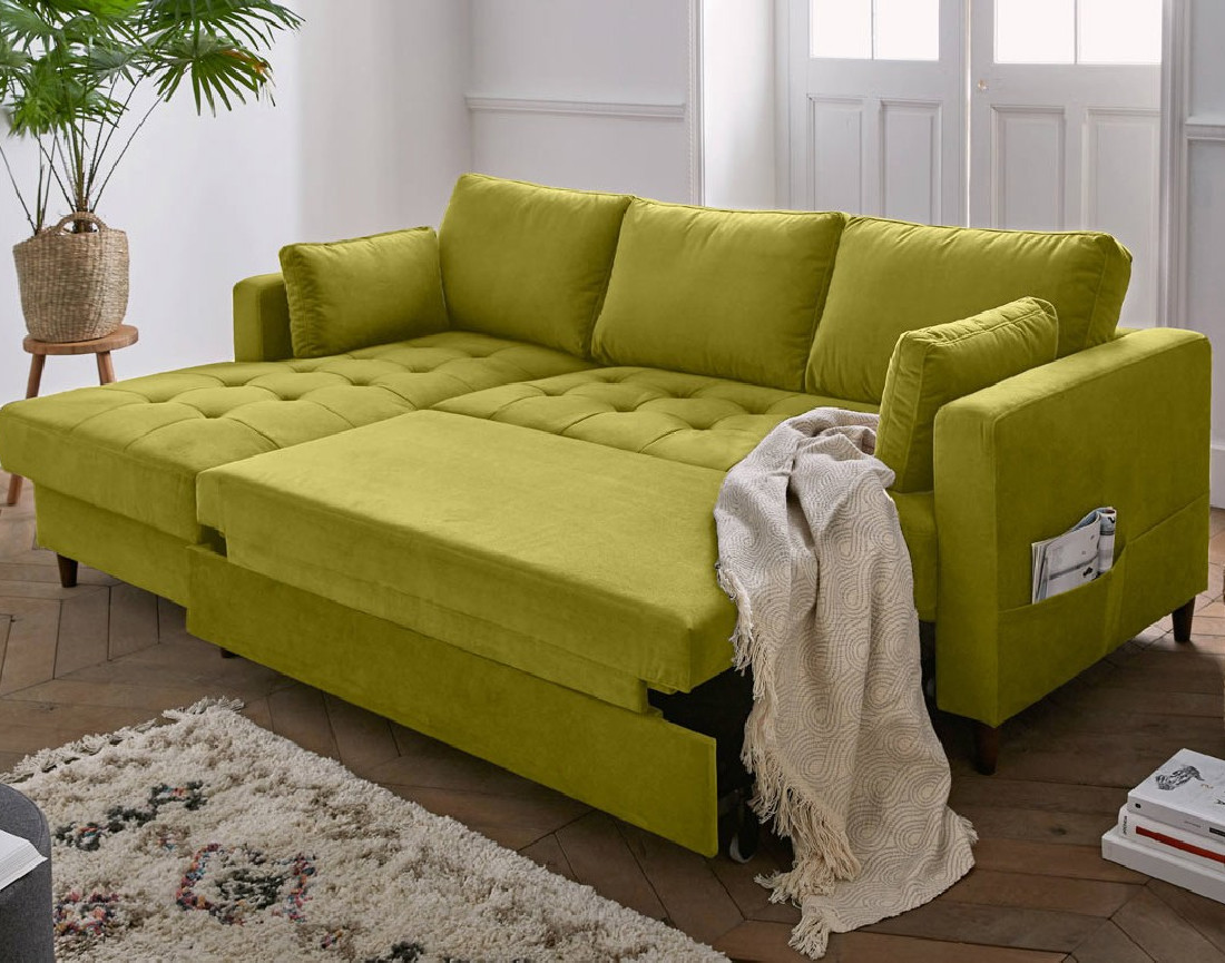 Canapé d'angle gauche 4 places convertible avec coffre en velours Anna