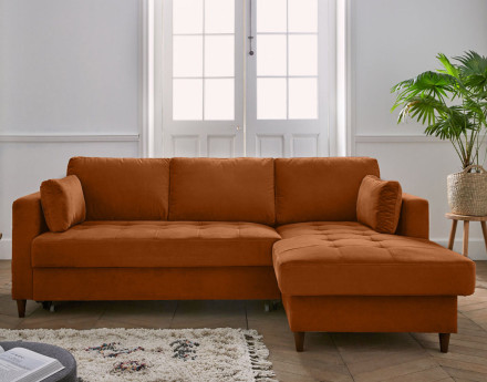 Canapé d'angle droit 4 places convertible avec coffre en velours Anna