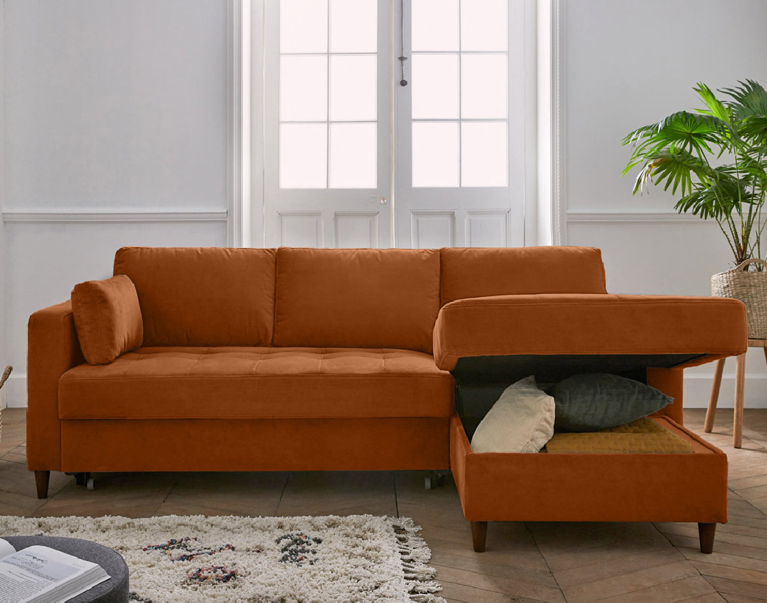 Canapé d'angle droit 4 places convertible avec coffre en velours Anna