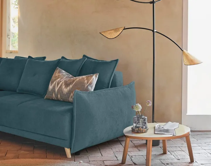 Lena - canapé d’angle gauche bleu canard convertible au style scandinave Lena - canapé d’angle gauche bleu canard convertible au style scandinave