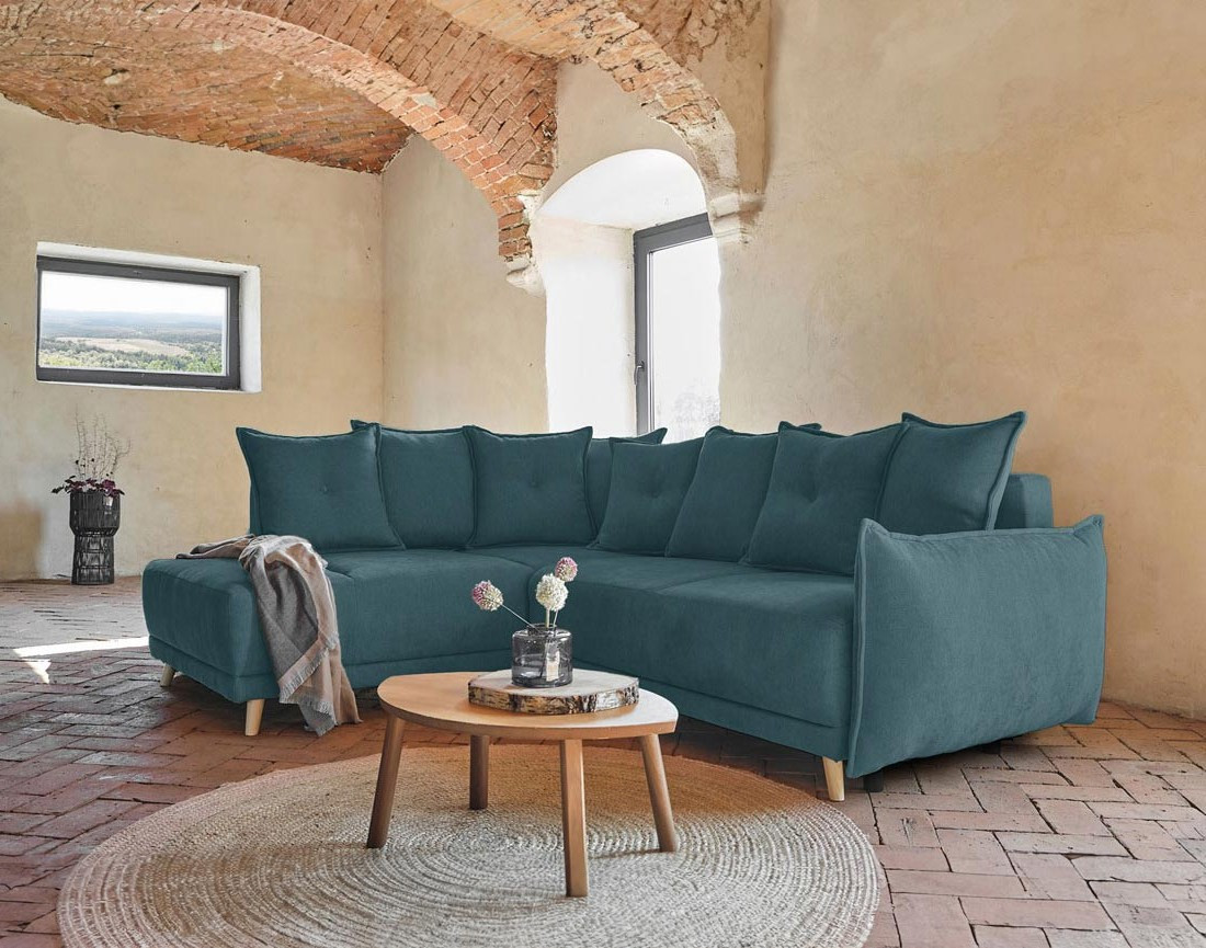 Lena - canapé d’angle gauche bleu canard convertible au style scandinave