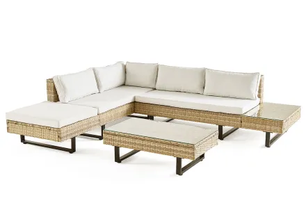 Salon de jardin d’angle en résine beige et grise 5 places coussins gris clair et table incluse Sashi