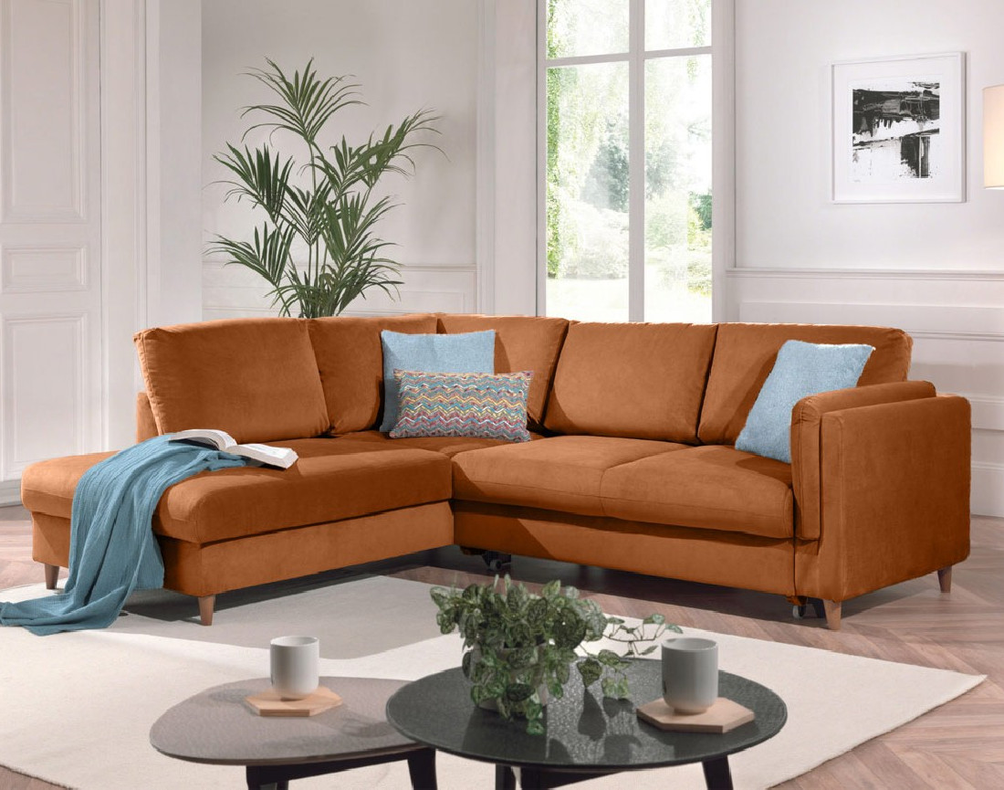 Canapé d'angle gauche convertible 5 places en velours Brooke