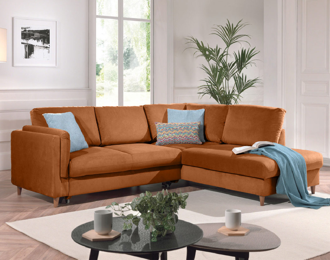 Canapé d'angle droit convertible 5 places en velours Brooke