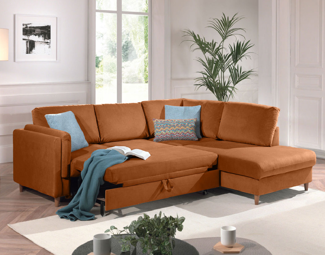 Canapé d'angle droit convertible 5 places en velours Brooke