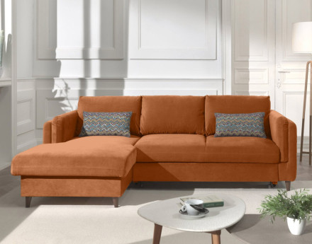 Canapé d'angle gauche convertible avec coffre 4 places en velours Brooke