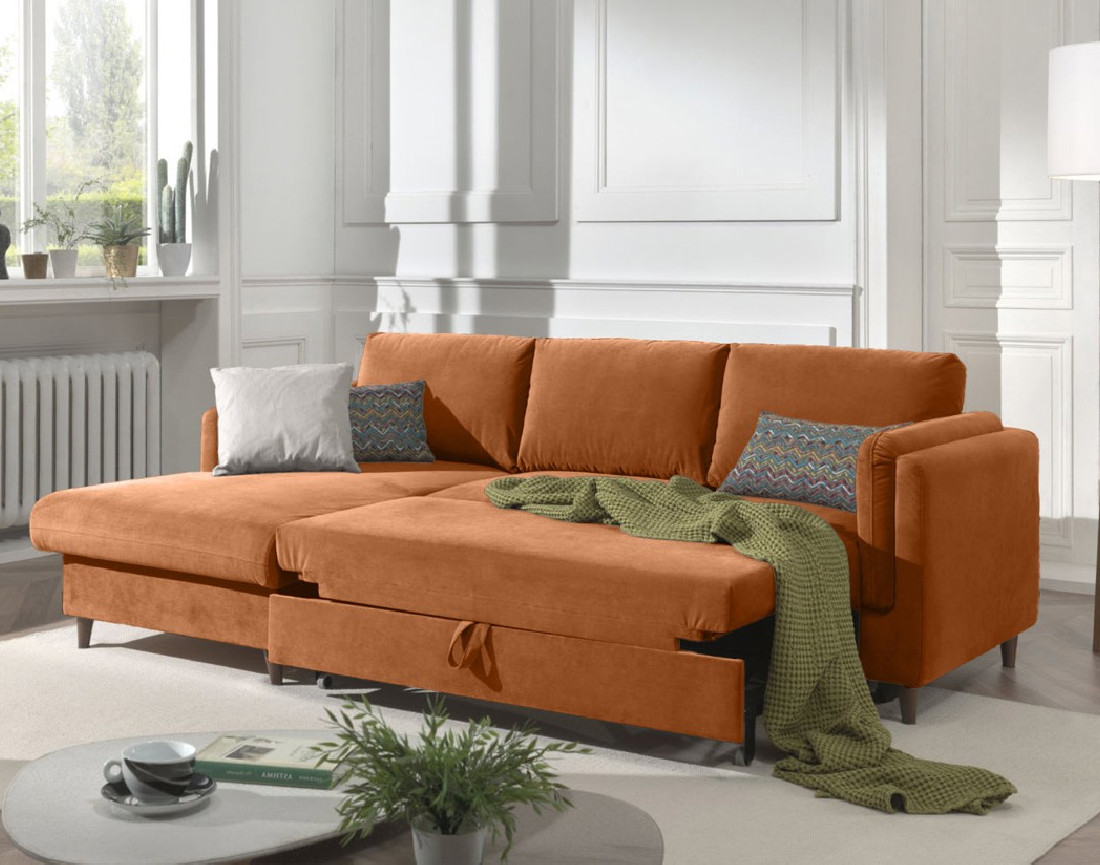 Canapé d'angle gauche convertible avec coffre 4 places en velours Brooke