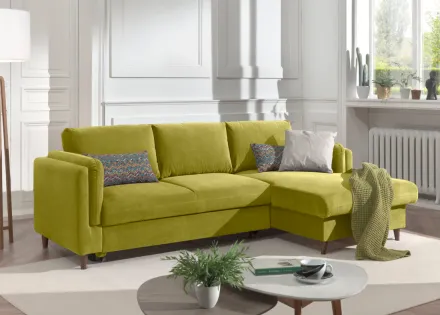 Canapé d'angle droit convertible avec coffre 4 places en velours Brooke