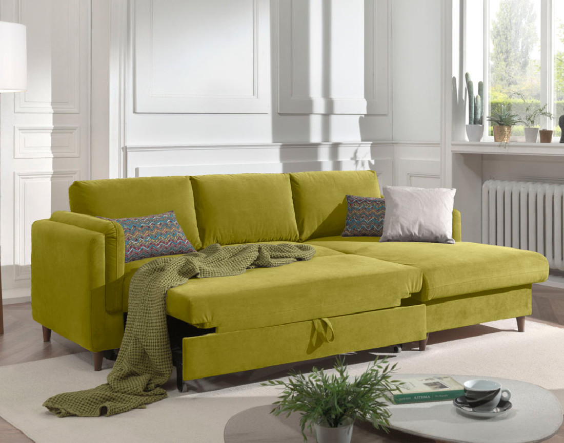 Canapé d'angle droit convertible avec coffre 4 places en velours Brooke