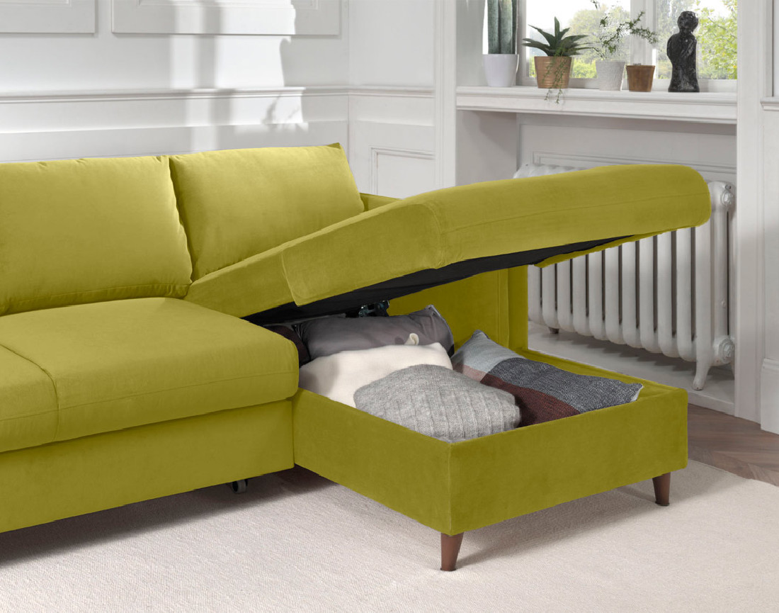 Canapé d'angle droit convertible avec coffre 4 places en velours Brooke