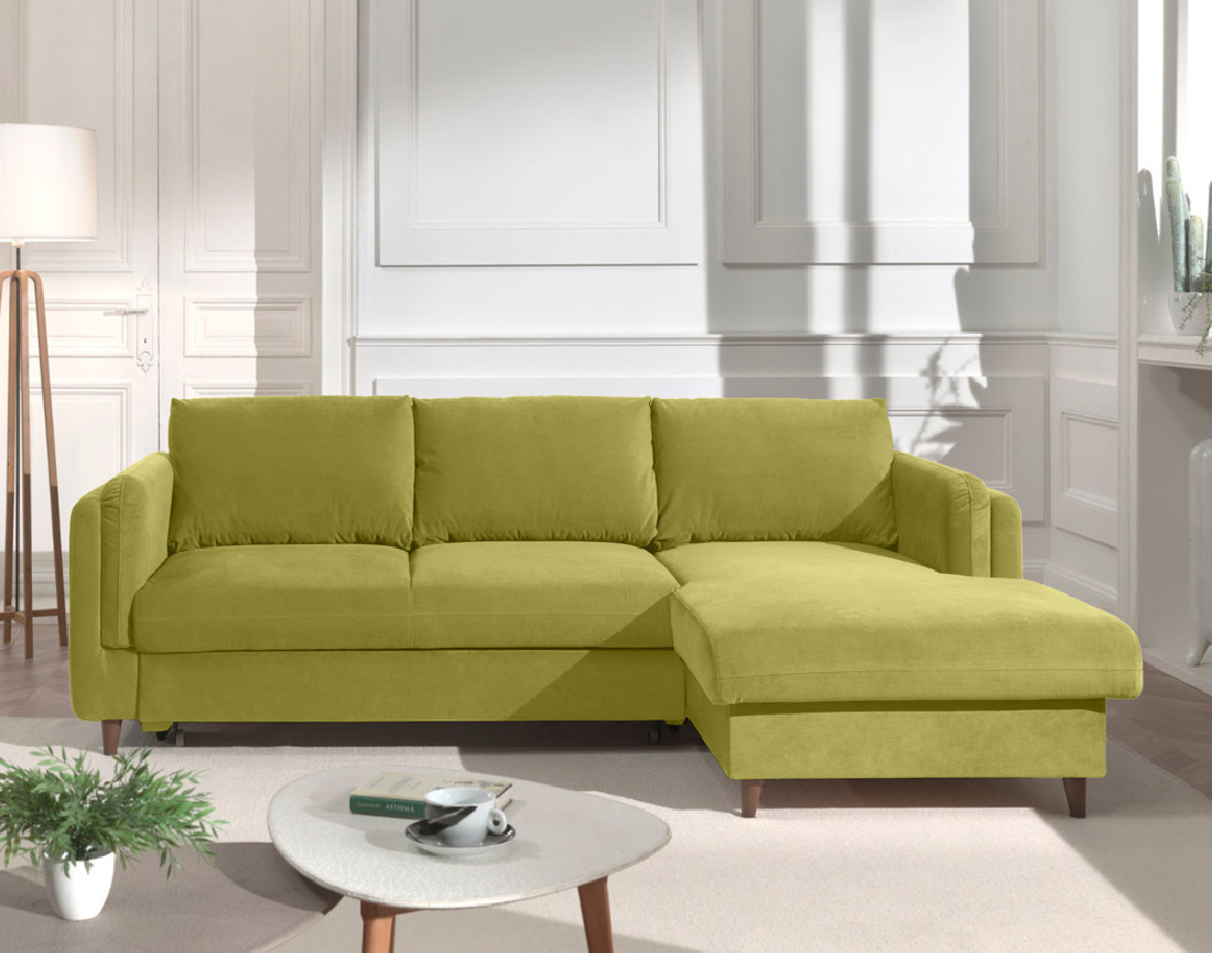 Canapé d'angle droit convertible avec coffre 4 places en velours Brooke