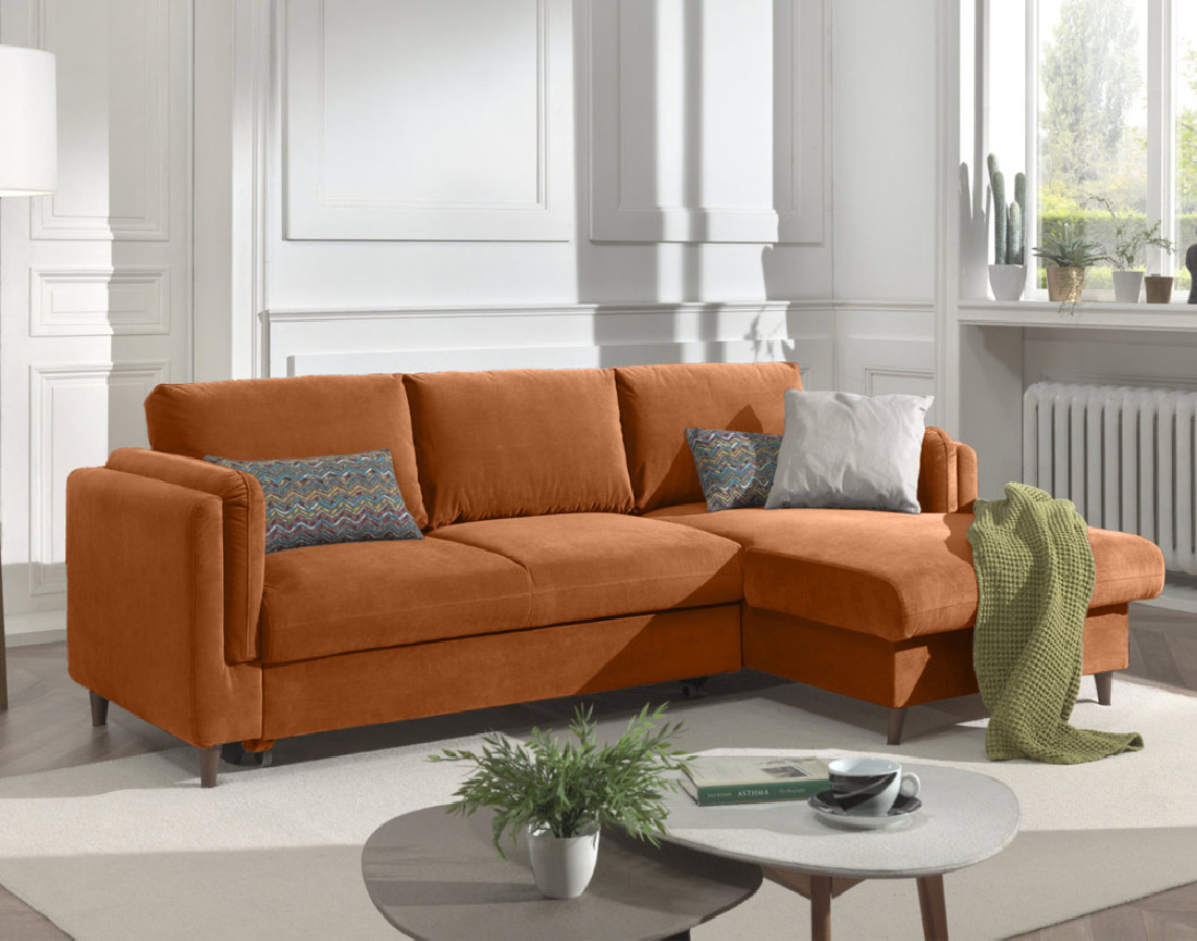 Canapé d'angle droit convertible avec coffre 4 places en velours Brooke