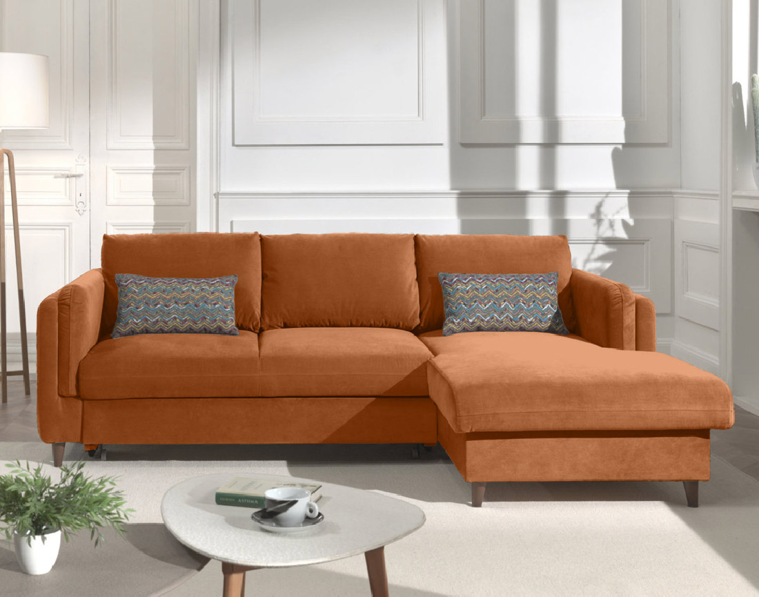 Canapé d'angle droit convertible avec coffre 4 places en velours Brooke