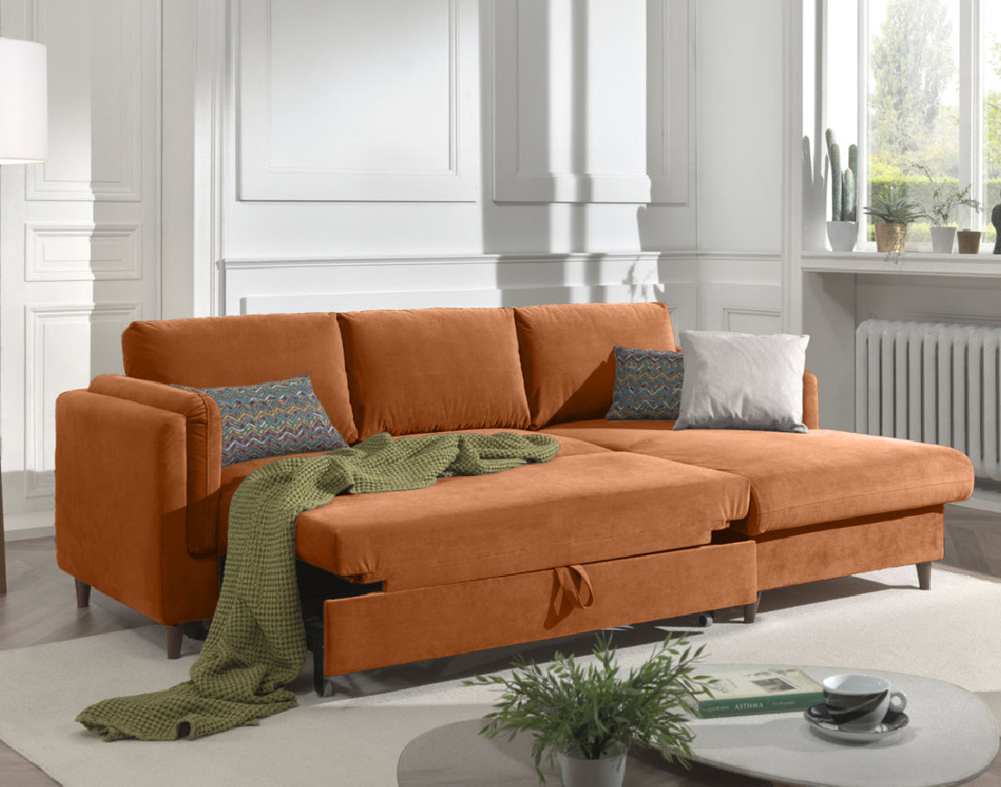 Canapé d'angle droit convertible avec coffre 4 places en velours Brooke