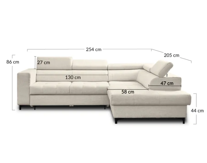 Canapé d'angle gauche 5 places convertible avec coffre et têtières réglables en tissu Olinda Canapé d'angle gauche 5 places convertible avec coffre et têtières réglables en tissu Olinda