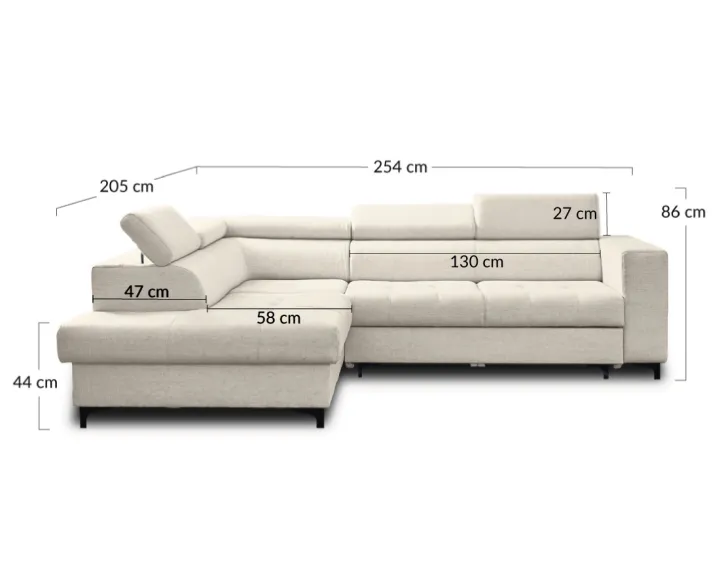 Canapé d'angle gauche 5 places convertible avec coffre et têtières en tissu Olinda Canapé d'angle gauche 5 places convertible avec coffre et têtières en tissu Olinda
