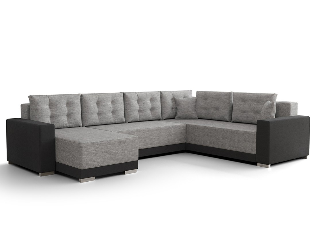 Canapé panoramique d'angle réversible 7 places convertible avec coffre en tissu Roger
