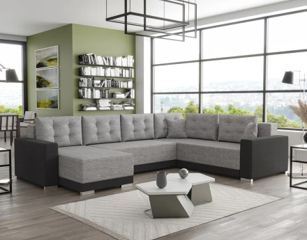 Canapé panoramique d'angle réversible 7 places convertible avec coffre en tissu Roger