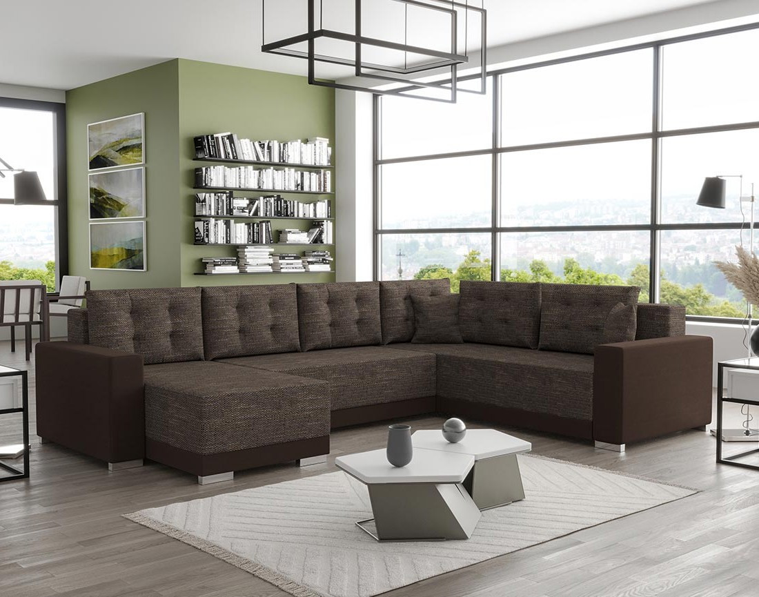 Canapé panoramique d'angle réversible 7 places convertible avec coffre en tissu Roger