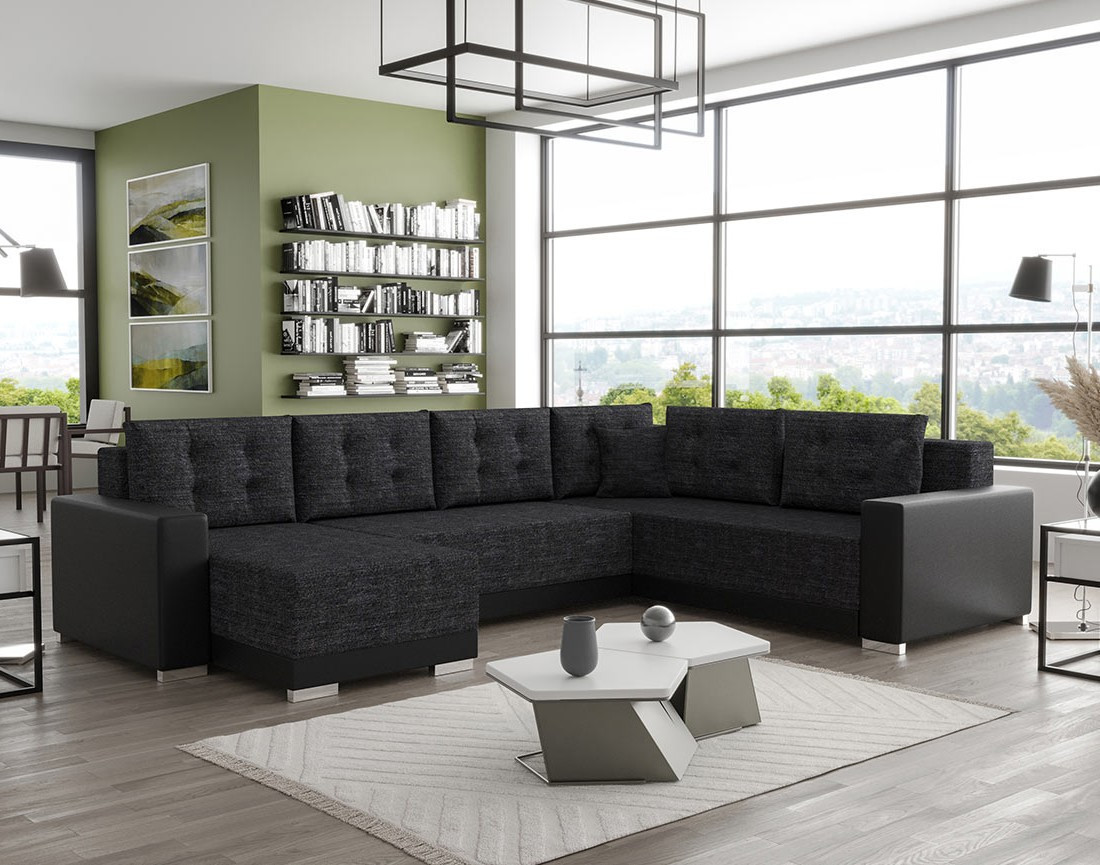 Canapé panoramique d'angle réversible 7 places convertible avec coffre en tissu Roger