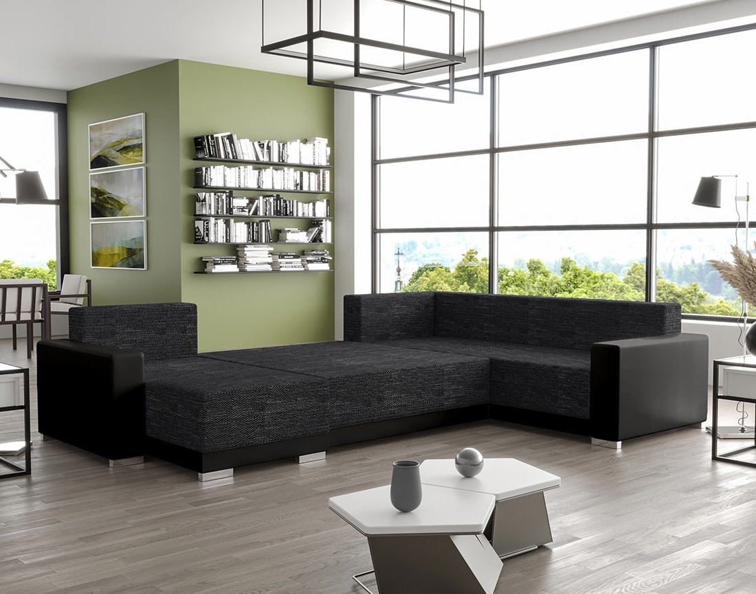 Canapé panoramique d'angle réversible 7 places convertible avec coffre en tissu Roger