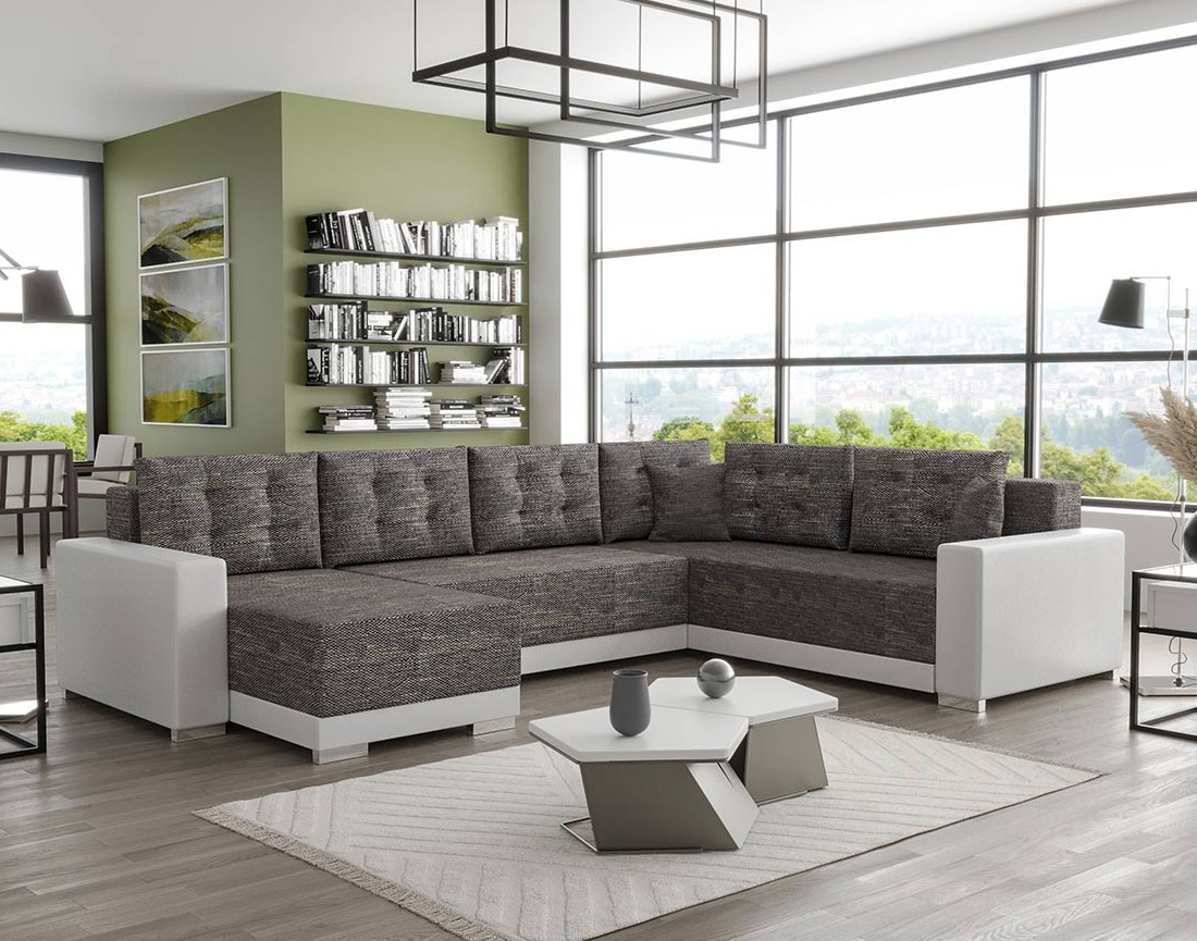 Canapé panoramique d'angle réversible 7 places convertible avec coffre en tissu Roger