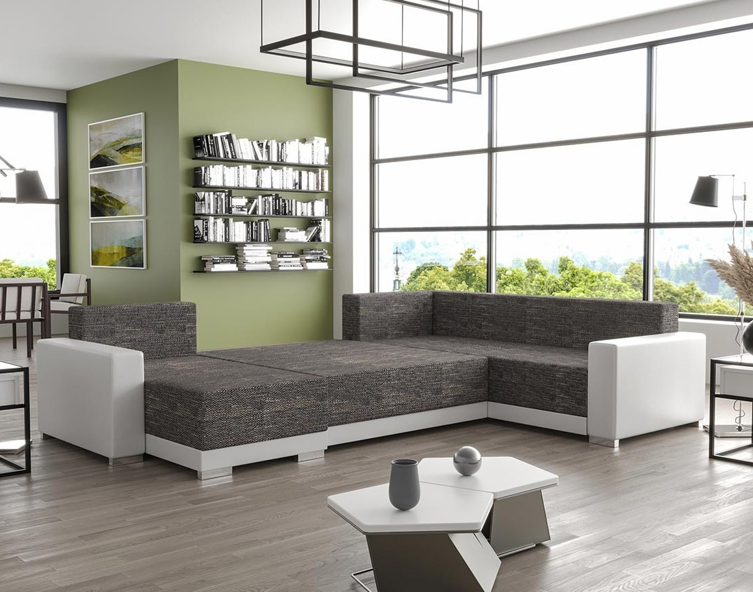 Canapé panoramique d'angle réversible 7 places convertible avec coffre en tissu Roger