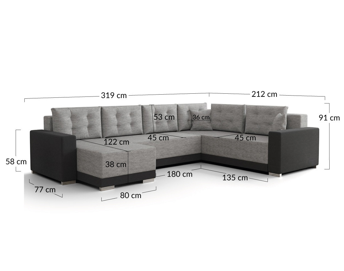 Canapé panoramique d'angle réversible 7 places convertible avec coffre en tissu Roger