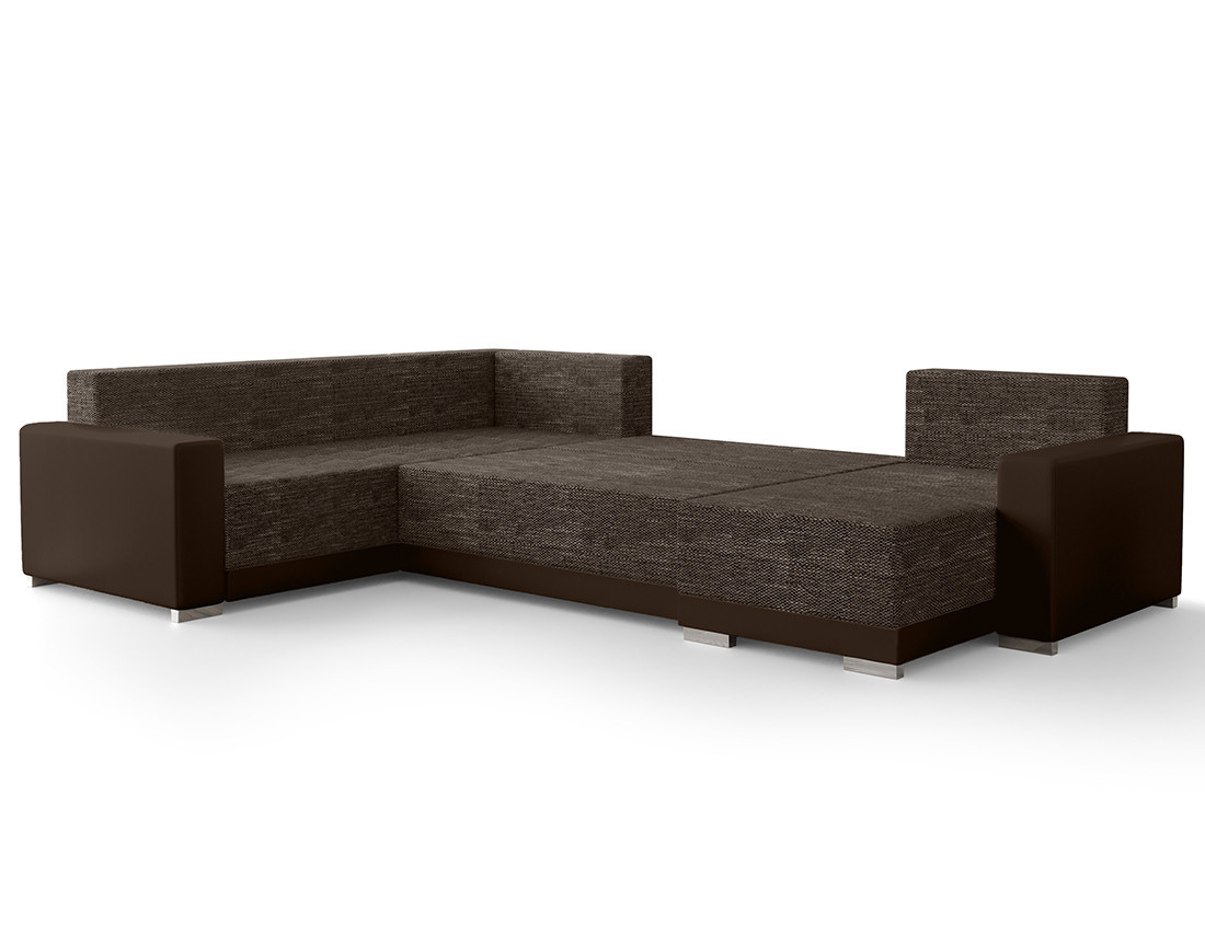 Canapé panoramique d'angle gauche 7 places convertible avec coffre en tissu Roger