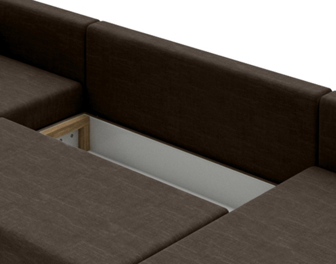 Canapé panoramique d'angle gauche 7 places convertible avec coffre en tissu Roger