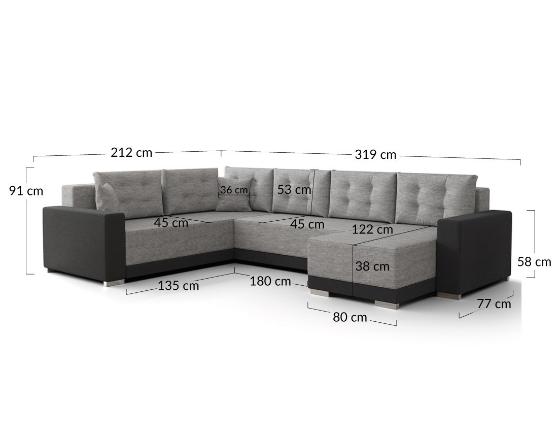 Canapé panoramique d'angle gauche 7 places convertible avec coffre en tissu Roger