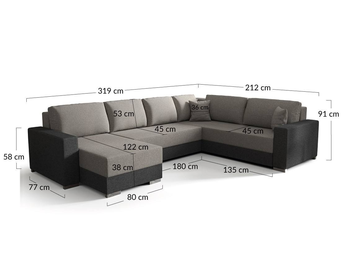 Canapé panoramique d'angle réversible 7 places convertible avec coffre en tissu Epona