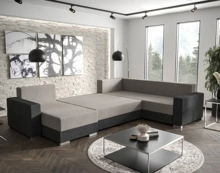 Canapé panoramique d'angle réversible 7 places convertible avec coffre en tissu Epona