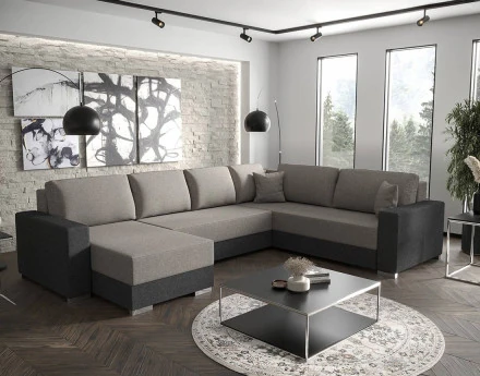 Canapé panoramique d'angle réversible 7 places convertible avec coffre en tissu Epona