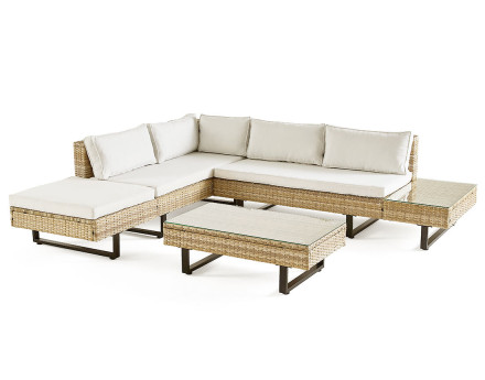 Salon de jardin d’angle en résine beige et grise 5 places coussins gris clair et table incluse Sashi