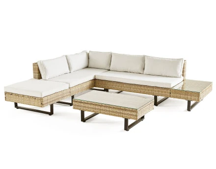 Salon de jardin d’angle en résine beige et grise 5 places coussins gris clair et table incluse Sashi