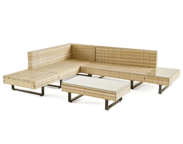 Salon de jardin d’angle en résine beige et grise 5 places coussins gris clair et table incluse Sashi