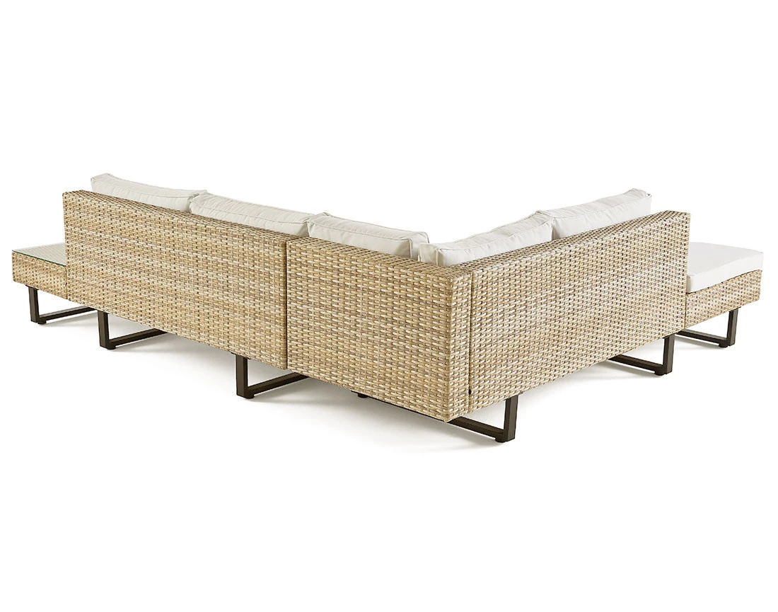 Salon de jardin d’angle en résine beige et grise 5 places coussins gris clair et table incluse Sashi