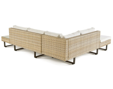 Salon de jardin d’angle en résine beige et grise 5 places coussins gris clair et table incluse Sashi