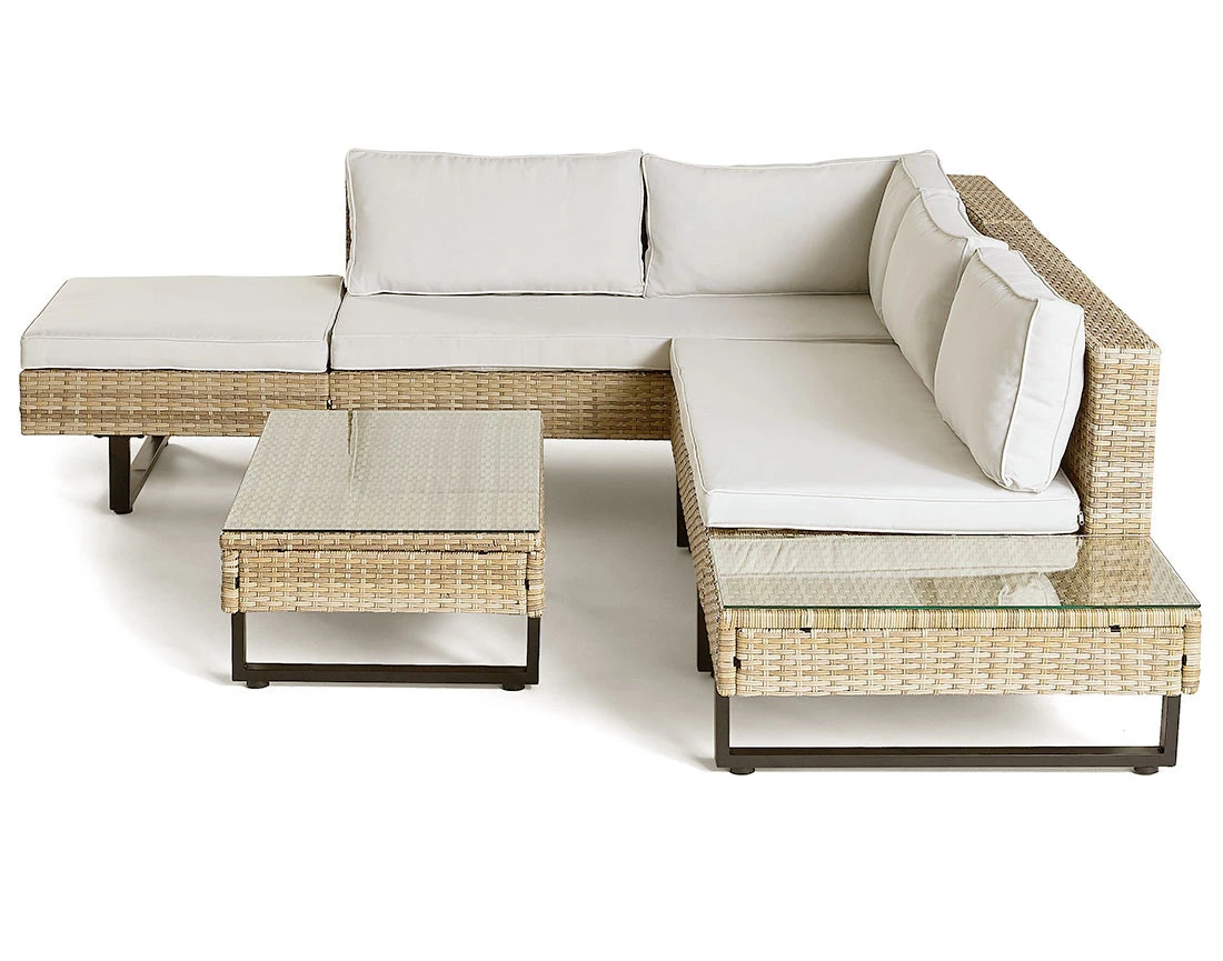 Salon de jardin d’angle en résine beige et grise 5 places coussins gris clair et table incluse Sashi