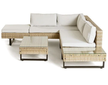 Salon de jardin d’angle en résine beige et grise 5 places coussins gris clair et table incluse Sashi